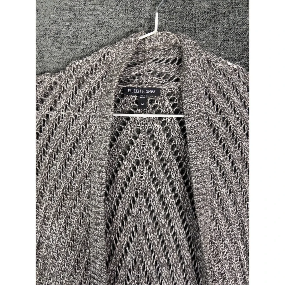 Eileen Fisher Cardigan Womens M Gray Crochet Long Open Front Cotton‎ Minimalist